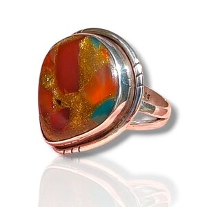 Sterling Silver Red Green Onyx Copper Ring Size 7